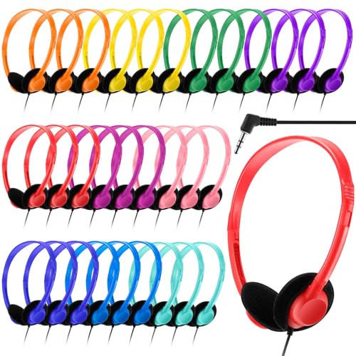Yunsailing 30 Pack Bulk Headphones Set Over Ear Headphones with Adjustable Headband 3.5mm Plug Headsets Earphones for Learning Program, Computer Lab, Library, Testing & Multimedia Use (Colorful) - color: Colorful