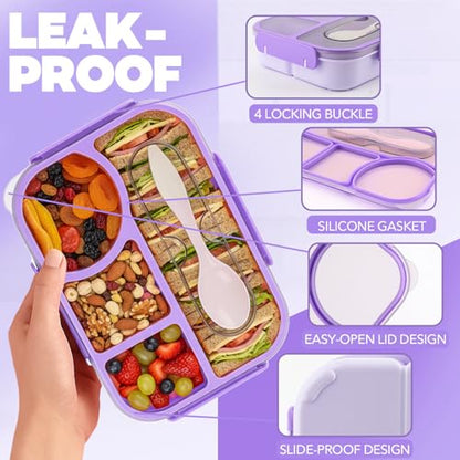 Bento Box for Adults,4 Compartments Lunch Box, Snack Containers Reusable Lunch Containers Drop-Proof, Dishwasher Safe & Made with BPA-Free Materials, Purple - color: Purple