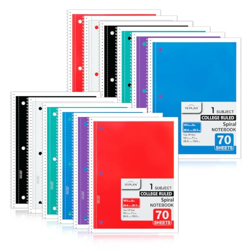 Yeplan Spiral Notebooks 12 Pack, College Ruled Notebook Paper, 1 Subject Notebook for School & Work, 8" x 10-1/2", 70 Sheets per Notebook, 6 Assorted Colors - color: 12 Pack-,6 colors