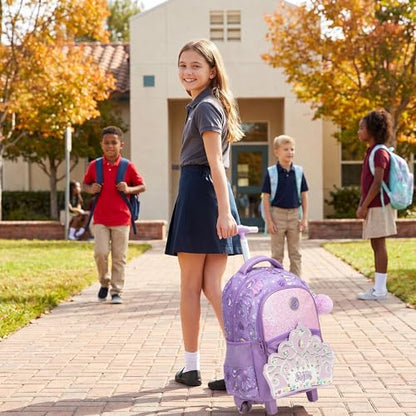 Rolling Backpack for Girls Rolling Bag Kids Rolling Suitcase with Lunch Box Pencil Case for Elementary Student Travel Luggage Girls - color: zihuangguan