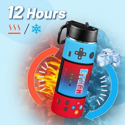 Personalized Game Water Bottle for Boys, Customized Kids Insulated Bottle with Name for Kids for School, Stainless Steel Thermo with Straw, 18oz - color: Game