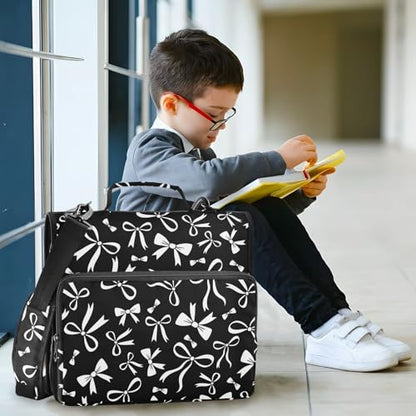Zipper Binder Bag 3 Ring File Folder Portfolio Organizer Zippered Binder Bags with Strap Fits Laptop Women Men - color: 30-black White Bow