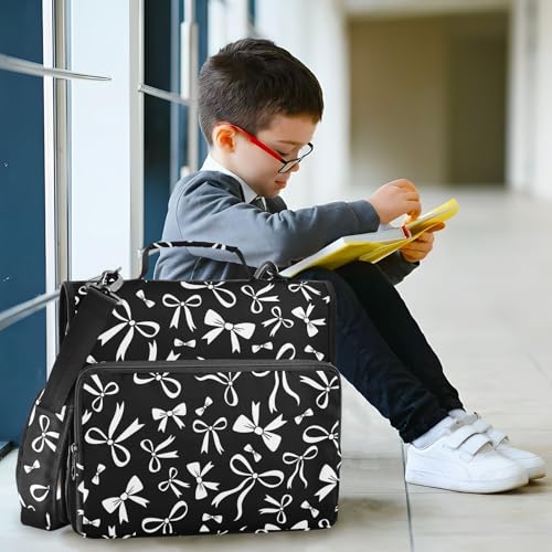Zipper Binder Bag 3 Ring File Folder Portfolio Organizer Zippered Binder Bags with Strap Fits Laptop Women Men - color: 30-black White Bow