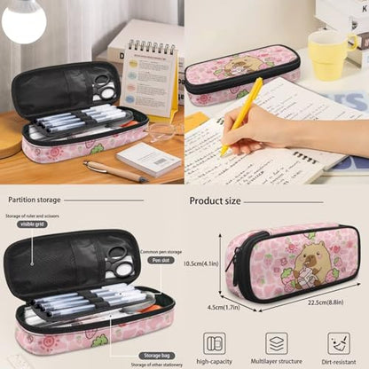 17 Inch Kid's 4PCS Backpack Set, Back to School Essentials | Insulated lunch box, water bottle pouch, pencil case, lightweight, padded shoulder straps, for elementary, middle school - color: Strawberry Capybara