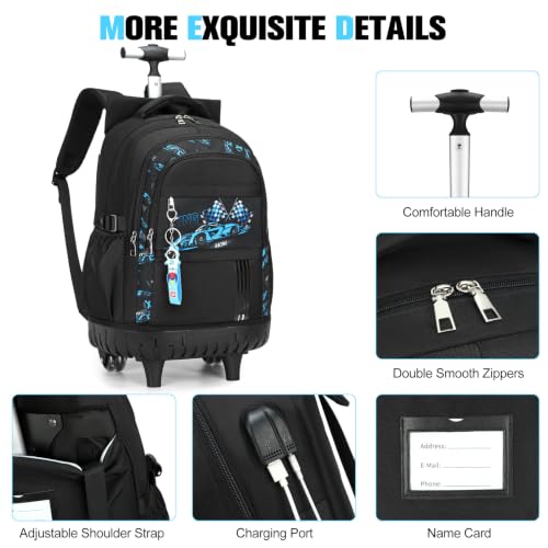 ACESAK Rolling Backpack for Boys, Kids Backpack with Wheels Portable with Insulated Lunch Box & Pencil Case, Multi-Pocket Roller Backpack for Preschool Kindergarten Kids Boys Travel(Blue Car) - color: Blue Car