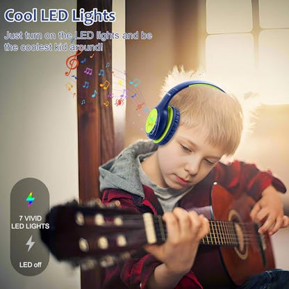 Voopwink 마이크가 있는 아동용 헤드폰, USB 타입 C 헤드폰, 어린이 여아 남아용 코드/LED 조명/85/94dB 볼륨 제한, 학교/여행/태블릿/아이패드용 휴대용 오버 이어 헤드폰 - color: 블루-옐로우.