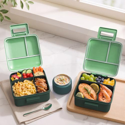 MAISON HUIS Bento Lunch Box with 8oz Soup Thermo, 5-Compartment Leak-Proof Container, Thermo Hot Food Jar and Insulated Lunch Bag, BPA Free,Travel, School (Green) - color: Green