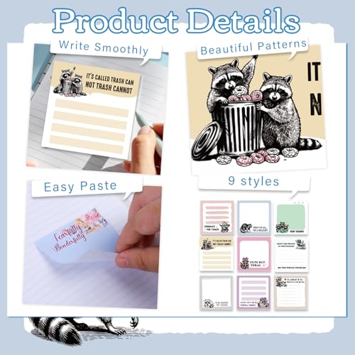 Raccoon Sticky Notes Gifts, 9 Pack Funny Raccoon Notepads 3x3 Inch, Funny Animals Self-Stick Memo Pads, Office School Supplies Gifts for Students Coworkers (450 Sheets) - style: Raccoon