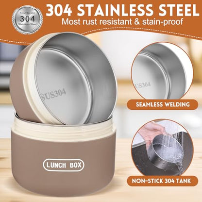 Dandat 2 Pcs Portable Insulated Lunch Containers Thermal Bento Box with Bag Fork Knife Stainless Steel Lunch Box 15.2 oz 21 oz Separate Stackable Food Jar for Adult Men Women(Khaki) - color: Khaki