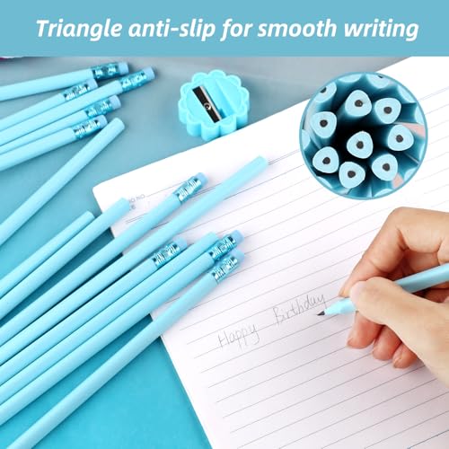 24 Pcs Blue Triangular Grip HB Graphite Pencils with Erasers and Sharpener,Wooden Cased Pencils for Kids,Cute School Supplies for Classroom,Teacher Supplies,Drawing,Sketching,Party Favors - color: Blue