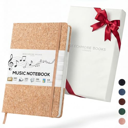 Beechmore Books Blank Sheet Music Notebook – A4 8.5"x11.5" for Songwriters, Musicians & Composers, 156 Thick 120gsm Pages, 10-Staff Perforated Sheets, Vegan Leather Hardcover, Elastic Closure, Gift Box - color: Beige Cork