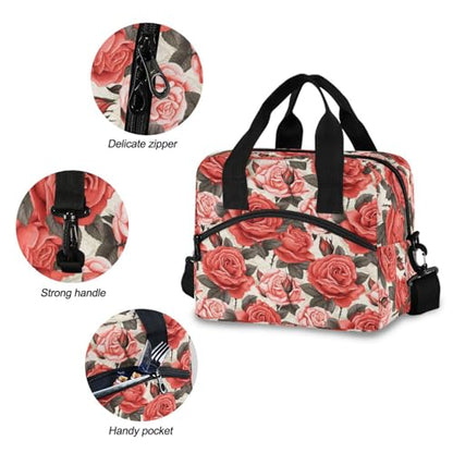 ALAZA Pink Red Roses Leaves Insulated Lunch Bag Women Men Portable Reusable Cooler Lunch Tote Bag for Work Office Picnic College - color: Multi 04