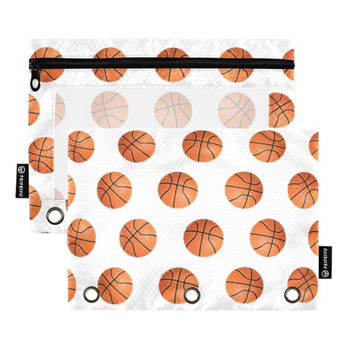 Basketball Pencil Pouches for 3 Ring Binder, Zipper Binder Pencil Case, 2 Pack Clear Window Case Bag for Office Organizers - color: Basketball