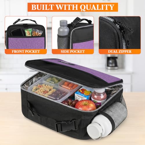opux Insulated Lunch Bag for Kids, Reusable Lunch Box for School with Leakproof Lining, Compact Soft Cooler Tote for Boys & Girls, Front Pocket, Mesh Side Bottle Holder (Heather Purple) - color: Heather Purple