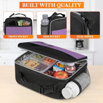 opux Insulated Lunch Bag for Kids, Reusable Lunch Box for School with Leakproof Lining, Compact Soft Cooler Tote for Boys & Girls, Front Pocket, Mesh Side Bottle Holder (Heather Purple) - color: Heather Purple