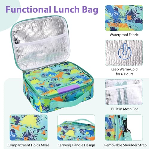 Kids Bento Lunch Box Set with 9.5oz Soup Thermo, Leak-Proof Lunch Food Containers with 3 Compartment and Removable Inner Tray, Insulated Hot Food Jar with Lunch Bag for School, Office, Dinosaur Green - color: Dinosaur Green