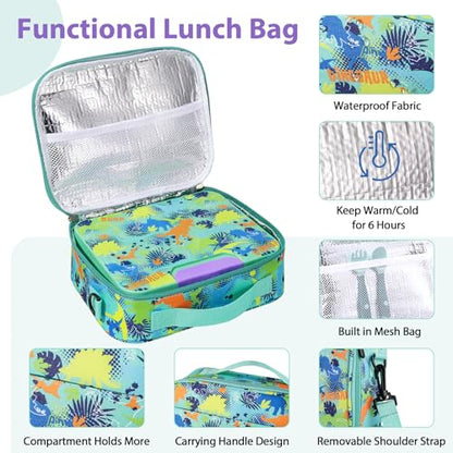 Kids Bento Lunch Box Set with 9.5oz Soup Thermo, Leak-Proof Lunch Food Containers with 3 Compartment and Removable Inner Tray, Insulated Hot Food Jar with Lunch Bag for School, Office, Dinosaur Green - color: Dinosaur Green
