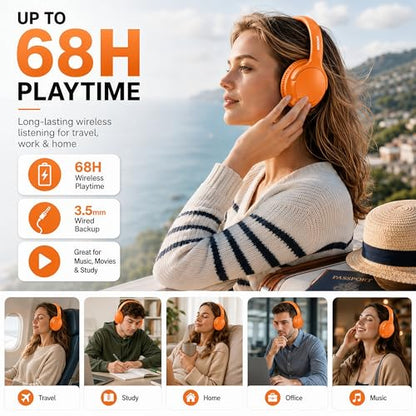 MIDOLA Bluetooth Headphones Over Ear, 68H Playtime Wireless Headphones with Microphone, 6 EQ Modes, HiFi Stereo Deep Bass, Foldable Lightweight Headset for Home Office, Cellphone, PC, Orange - color: Orange