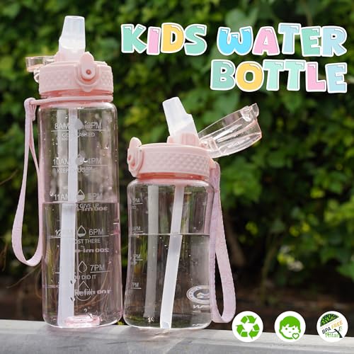 OLDLEY 17oz Kids Water Bottle, Tritan BPA-Free, Leakproof Flip Straw Lid, Motivational Time Marker, Carry Strap, Reusable Clear Water Bottle for Boys & Girls,Cherry Blossom - color: Cherry Blossom, style: 17 Ounces