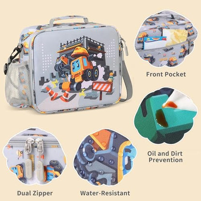 rockpapa Kids Lunch Box Set with 14oz Insulated Water Bottle & Lunch Bag, Leakproof 5.5 Cups Bento Box for School & Children, BPA-Free, Microwave Safe for Boys Girls (Grey Constr Turcks) - color: Grey Constr Turcks