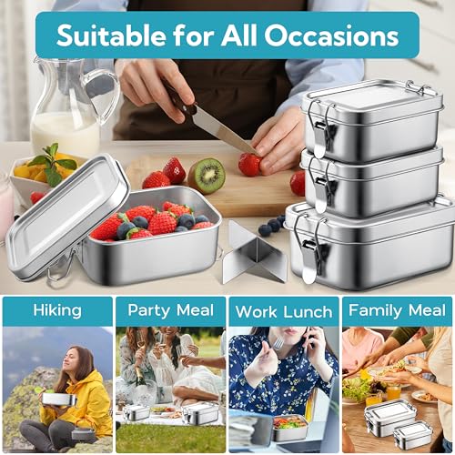 E-far Stainless Steel Lunch Box, 49oz Metal Bento Box Lunchbox w/Leak Proof Lid, 1400ml Medium Food Container w/Removable Divider & Bag, Reusable 3-Compartment Bento Lunch Container for Camping Picnic - size: 1400ML + Cloth bag