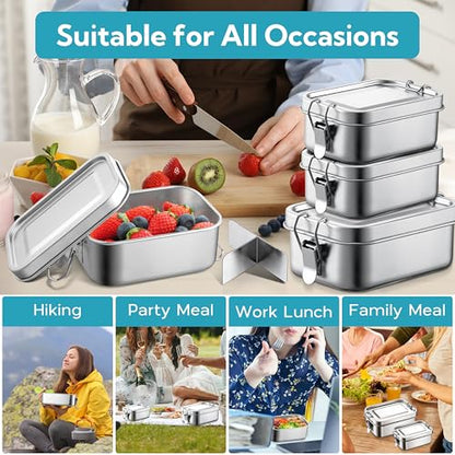 E-far Stainless Steel Lunch Box, 49oz Metal Bento Box Lunchbox w/Leak Proof Lid, 1400ml Medium Food Container w/Removable Divider & Bag, Reusable 3-Compartment Bento Lunch Container for Camping Picnic - size: 1400ML + Cloth bag