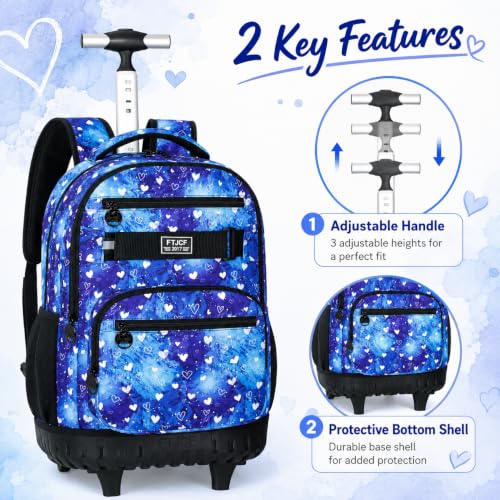 3Pcs Rolling Backpack for Girls, 19 Inche Women Roller Bag with Wheels for Adults, Wheeled Bookbag with Lunch Box(Blue) - color: Blue Love