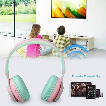 Riwbox WT-7S Bluetooth Headphones Light Up, Foldable Stero Wireless Headset with Microphone and Volume Control for PC/Tablet/TV/Travel (Pink Green) - color: PINK&GREEN