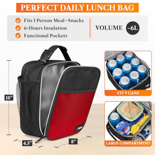 opux Insulated Lunch Bag for Kids Boys Girls, Small Compact Lunch Box with Wide Opening & Mesh Pockets, Reusable Lunch Pail for School, Work, Adults, Men, Women, Red - color: Red