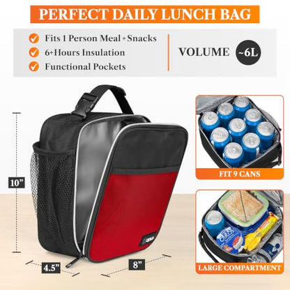 opux Insulated Lunch Bag for Kids Boys Girls, Small Compact Lunch Box with Wide Opening & Mesh Pockets, Reusable Lunch Pail for School, Work, Adults, Men, Women, Red - color: Red
