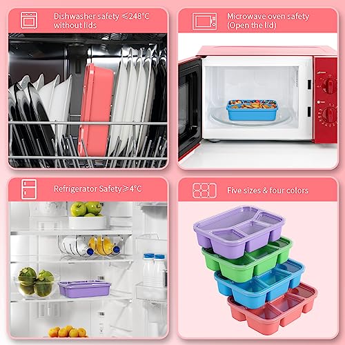 Bento Adult Lunch Box (4 pack), 4-Compartment Meal Prep Container with Transparent Cover, Reusable Lunch Containers for Kids, No BPA, Microwave/Dishwasher Safe (PP(Red/Green/Blue/Purple)) - color: PP(Red/Blue/Purple/Green)