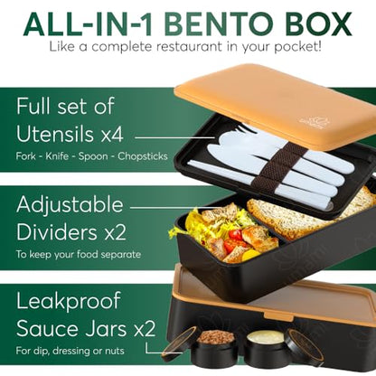 Umami Bento Box Adult All-in-1 w/ 4 Utensils, 100% Leakproof, Dishwasher & Microwave Safe Lunch Containers for Adults w/ 4 Compartments, Black & Gold, 40 oz - color: Black & Gold, size: M - 40 oz
