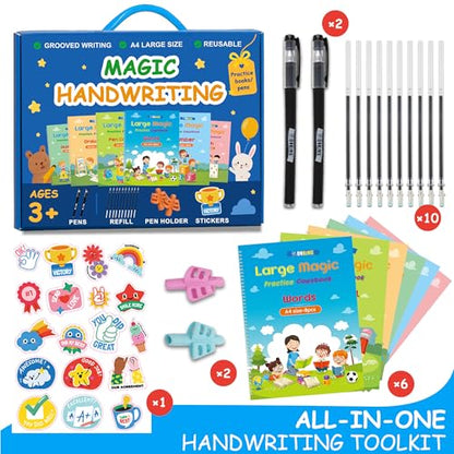Large Magic Practice Copybook for Kids,Handwriting Grooved Practice Book 6 Pack with Pen Refill English Cursive Calligraphy Reusable Age 3-8（A4 Size） - style: 6PC Large Size
