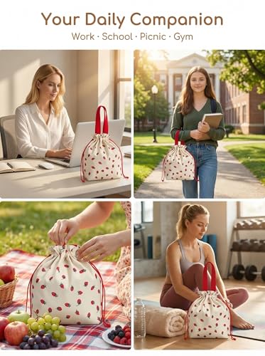 Solid Color & Fruit Print Lunch Bag, Insulated Leakproof Drawstring Pouch with 5mm Anti-Sag Base for Adult Work Commute Picnic (Strawberry Fruit Print) - color: Strawberry Fruit Print