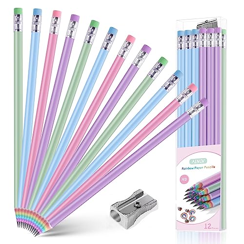 Ainiv 12PCS Eco-friendly Wood & Plastic Free Recycled Rainbow Paper Pencils #2 HB Pencils Number 2 Pencils Erasers Toppers with Pencil Sharpener, Macaron Colored Pencils for School and Office Supplies - color: Rainbow, style: 12 COUNT