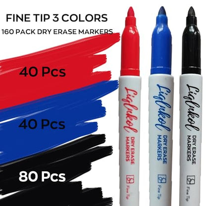 Fine Tip Dry Erase Markers 160 Pack Bulk, Black Red Blue Markers (80/40/40), Low Odor Perfect for Writing on Glass or Home School Office