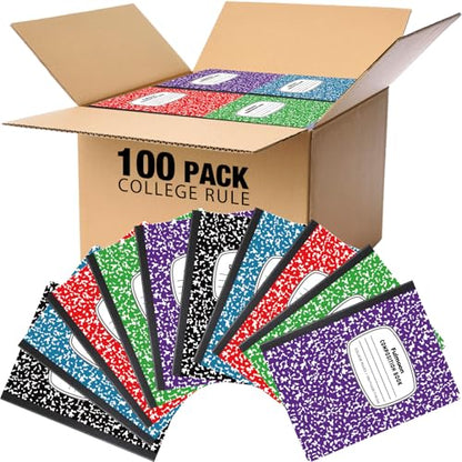 Fulmoon 100 Pcs Composition Notebooks, Comp Book, 9.75"x 7.5", 60 Sheets Per Comp Book, Black Purple Blue Red Green, Marble Notebooks for School Kids Home Office(College Ruled 9/32'' Spacing)