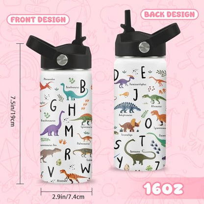 Alphabet Dinosaur Water Bottle for Boys, 16oz Kids Stainless Steel Insulated Water Bottle with Straw Lid, Dinosaur Dino Cup Tumbler Gifts for School - color: Alphabet Dinosaur