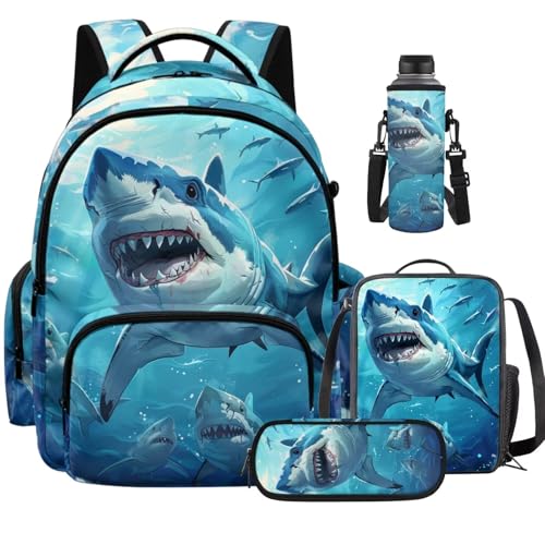 Blue Shark Backpack for Boys Kids Backpack with Lunch Box for Boys Set of 4 School Backpacks Matching Combo Back to School Gifts and Pencil Case Pouch for Teens Children Ages 6-17 17 inch - color: Blue Shark