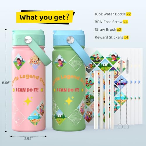 GoKEDA Kids Water Bottle with Stickers, 18oz Vacuum Double Insulated Cup with Straw, 316 Stainless Steel Bottles for School, Gift for Boy(2 Pack, Pink and Green) - color: Pink and Green