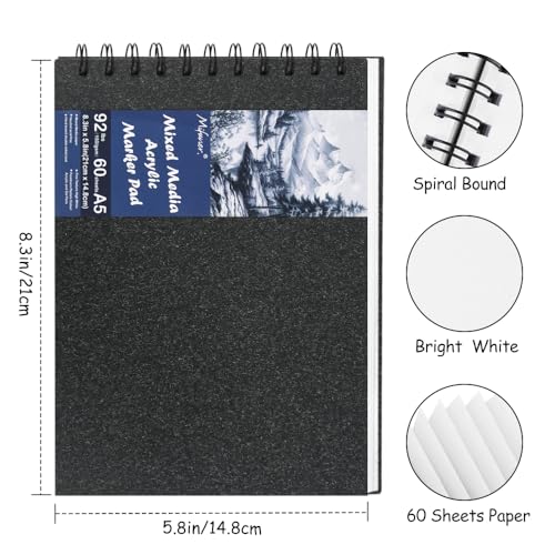 8.3x5.8 Sketch Book, Top Spiral Bound Sketch Pad, 60sheets 92lb/150gsm Bright White Paper, Acid-Free Mixed Media Paper for Painting, Dawing & Art Supplies. B-Black - color: TopSpiral-BrightWhite-Black