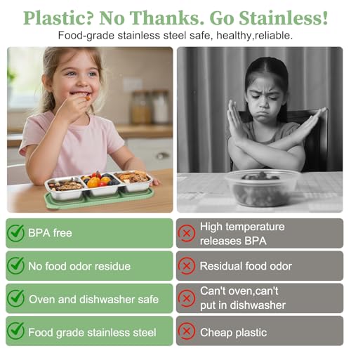 3 Compartment Stainless Steel Snack Containers. | Reusable Snackle Box Container with Leakproof Lids Metal Bento Lunch Boxs Food Storage Containers for Travel Picnics Office - color: 01-GN