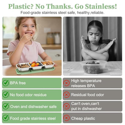 3 Compartment Stainless Steel Snack Containers. | Reusable Snackle Box Container with Leakproof Lids Metal Bento Lunch Boxs Food Storage Containers for Travel Picnics Office - color: 01-GN
