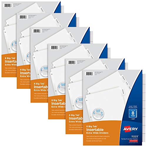 Avery Big Tab Extra-Wide Insertable Clear Tab Dividers for 3 Ring Binders, 8-Tab Set, White, 6 Sets (11254) - color: White, size: 8 tab, style: 6 Sets