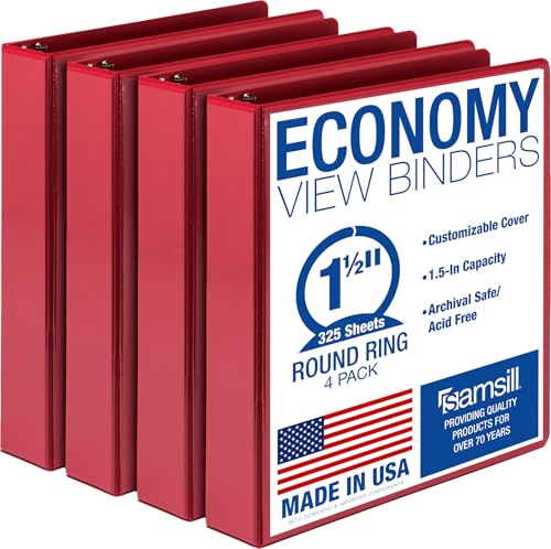 Samsill 1.5 Inch 3 Ring Binders, Economy Round Ring, Clear View Cover, 325 Sheet Capacity - for School, Home, Office - Red, 4 Pack - color: Red, size: 4-Pack, style: 1.5-Inch