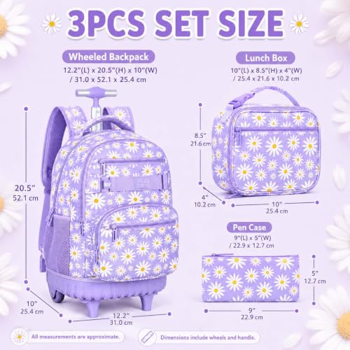gxtvo Girls Rolling Backpack, Women Roller Bookbag with Lunch Box for Adults, Water Resistant Wheeled School Bag for College Teens Kids Travel - Purple Flower - color: Chrysanthemum Purple
