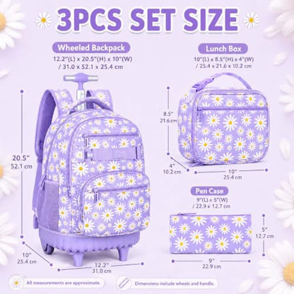 gxtvo Girls Rolling Backpack, Women Roller Bookbag with Lunch Box for Adults, Water Resistant Wheeled School Bag for College Teens Kids Travel - Purple Flower - color: Chrysanthemum Purple