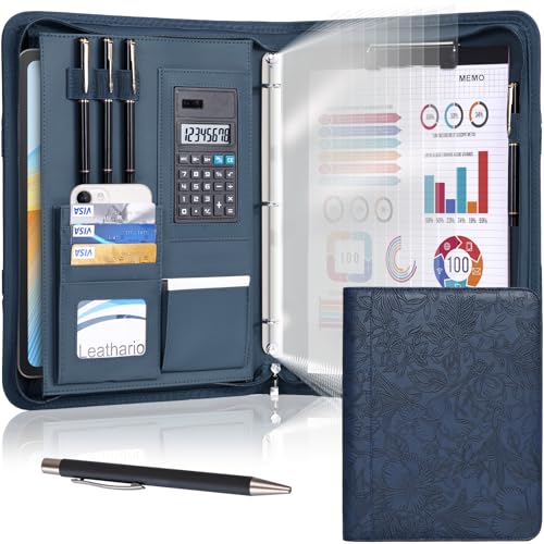 Leathario Portfolio Binder, Includes 5 Sheet Protectors and a Pen, 13 Inch Tablets Organizer, Vegan Leather A4 Padfolio, Multi-Pocket Notepad Business Planner Professional Document - color: Relief Blue