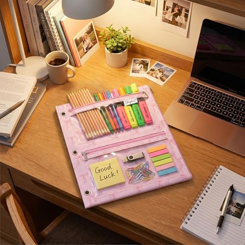 SKYDUE Binder Pencil Pouch for 3 Ring Binder, 3 Compartment Zipper Case, Large Capacity Pen Organizer with Clear PVC Window for School Supplies, Students, Kids & Teachers - color: Pinkbow