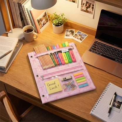 SKYDUE Binder Pencil Pouch for 3 Ring Binder, 3 Compartment Zipper Case, Large Capacity Pen Organizer with Clear PVC Window for School Supplies, Students, Kids & Teachers - color: Pinkbow